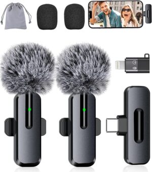 Wireless Mini Microphone for iPhone - 2 Pack Lavalier Bluetooth Microphone for Video Recording, 2 in 1 Noise Reduction Lapel Mic for Ipad, Android,Clip-on Mini Mic for Content Creators Podcast